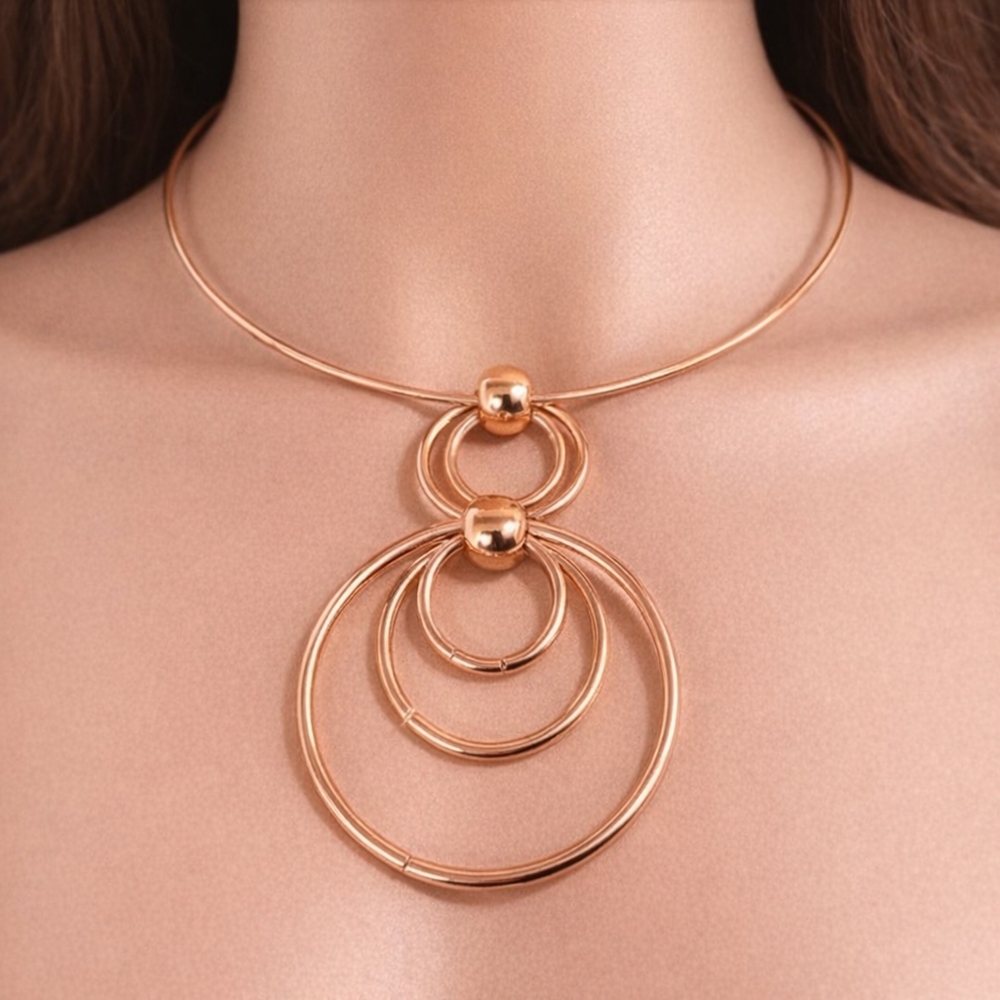 Women's Rose Gold Choker  Necklace – Statement Multi-Hoop & Bead Pendant Jewelry